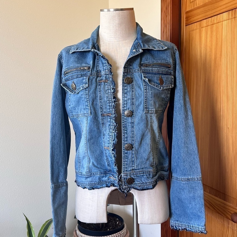 Twenty Twenty Medium Military Jean Jacket Ruffles Edgy Zippers - Picture 2 of 8